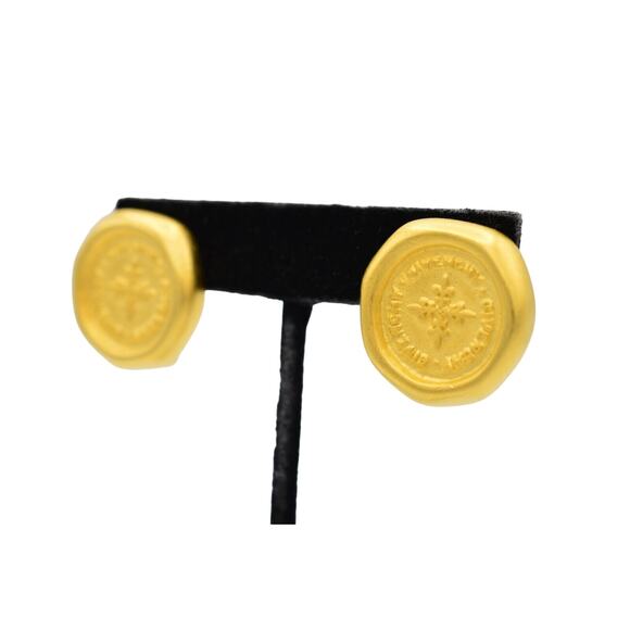 Givenchy Vintage Logo Coin Clip On Earrings Brushed Gold Chunky NOS Signed BinW - Picture 2 of 10